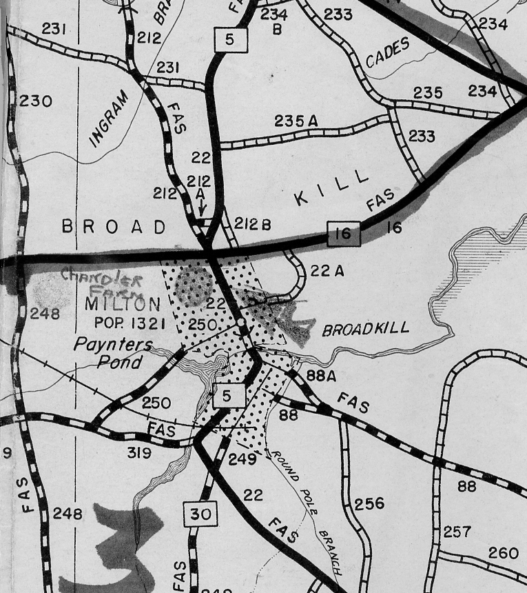 1953 Highway Map showing mill pond labeled as Paynter's Pond