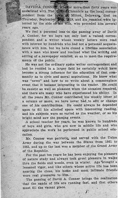 Milford Chronicle obituary for David A. Conner, published on editorial page of October 3, 1919 issue
