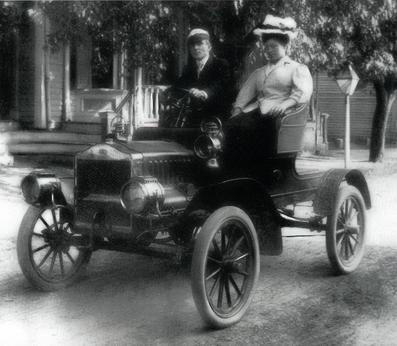 Dr. and Mrs. Robert B. Hopkins out for a ride in one of the first automobiles owned by a Milton resident. The photo appeared in "It Began With A River," by Jane Donovan, and is used by permission of the Milton Historical Society.