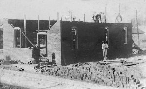 Pumping station building under construction, 1915. The man at the extreme left is believed to be Fred Pepper, on subcontract to William Conwell (Courtesy Fred Pepper)