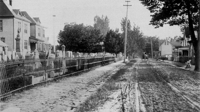 Chestnut Street, Goshen Cemetery and Milton Public School on left, ca. 1910