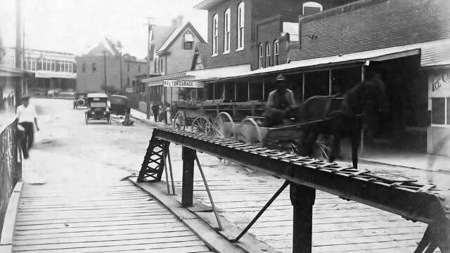 Looking south on Union Street from the bridge over the river ca. 1920